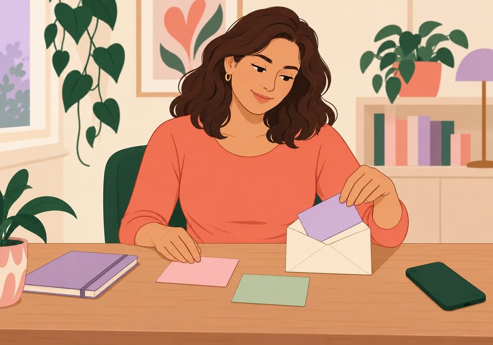 Fully clothed adult sorting blank cards and placing one in an envelope beside a closed notebook