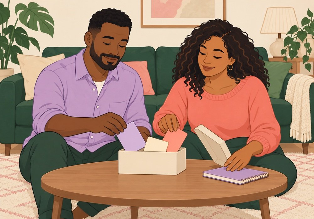 Two fully clothed adults putting blank cards into a box beside a closed notebook